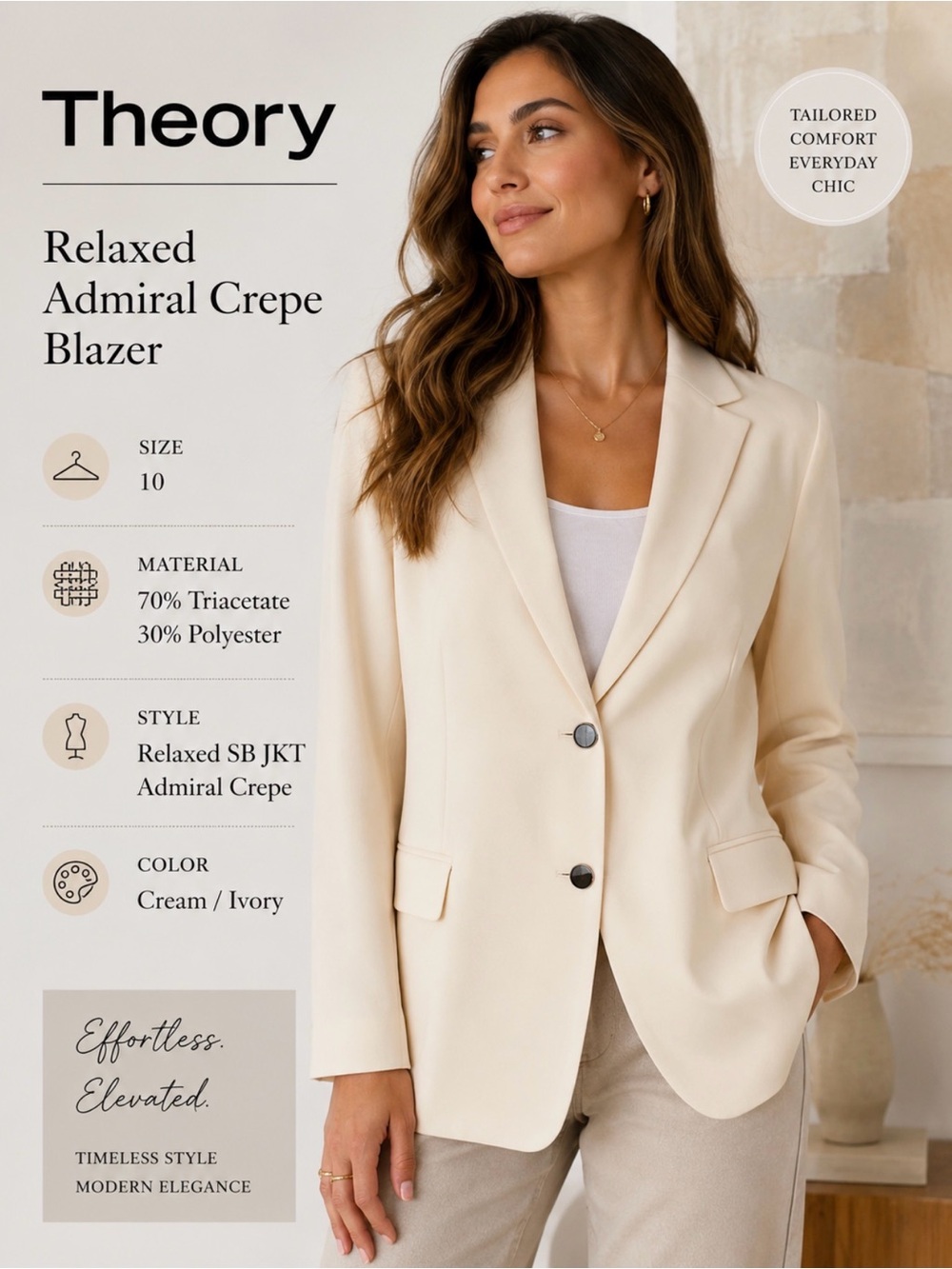 THEORY Women's Longer crepe blazer Beige Ivory Cream Size 10 L